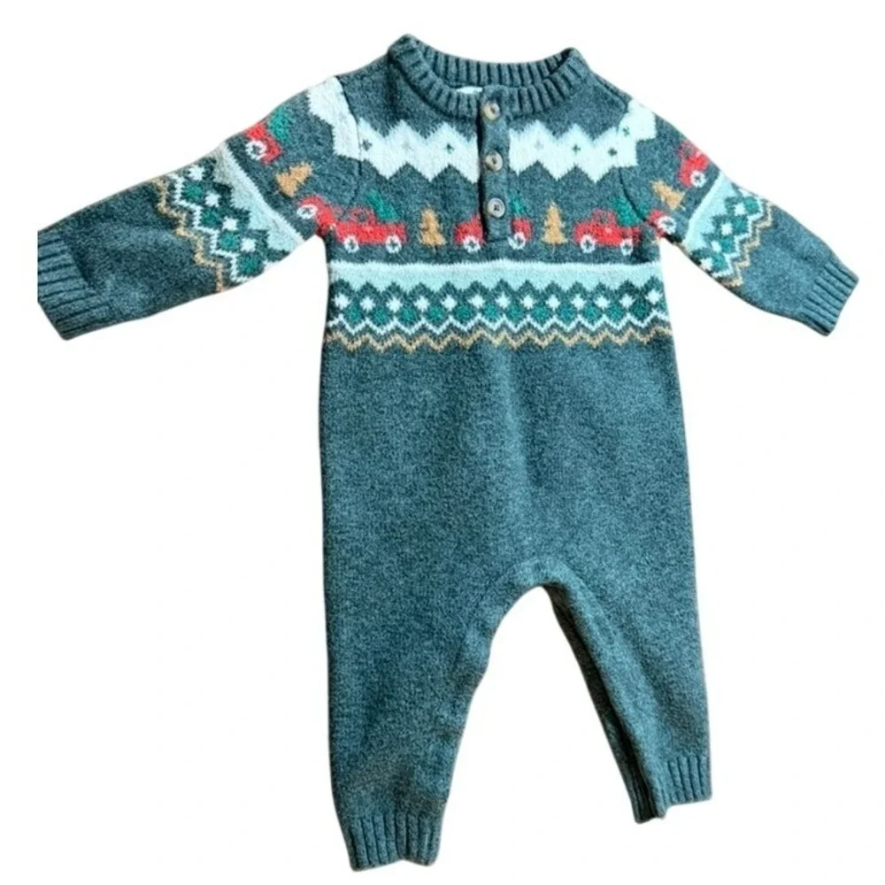 Old Navy Baby Fair Isle Knit Christmas Truck Coverall Green 6-12M Soft Christmas